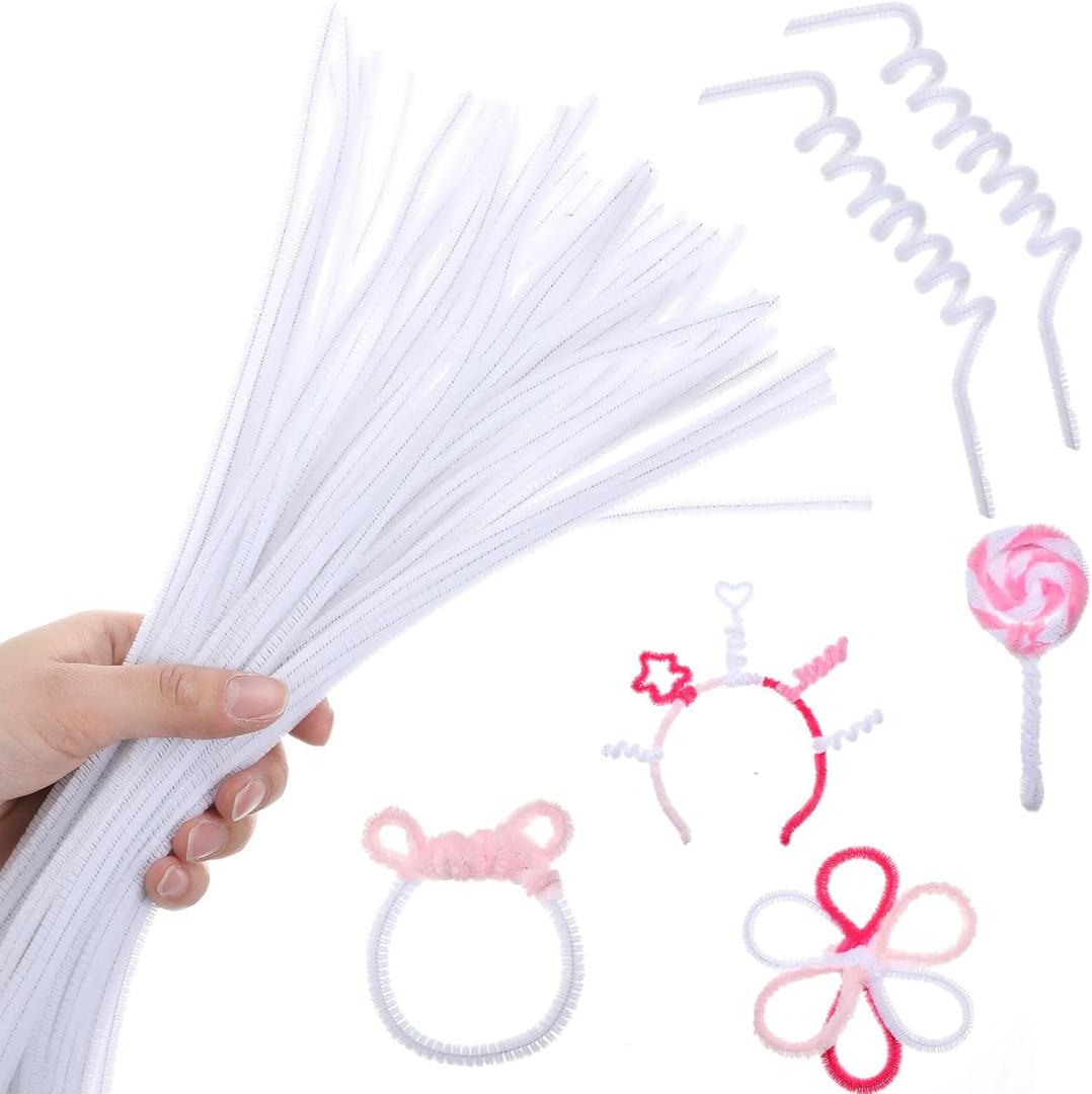 RoundFunny 200 Pcs 24 Inch Extra Long Pipe Cleaners White Chenille Stems Pipe Cleaners Craft Fluffy Chenille Stems Craft Supplies for DIY Arts Projects Creative Decoration, White 