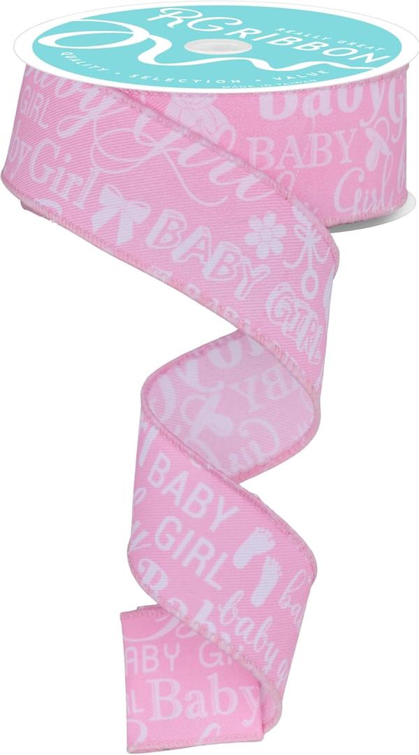 RG Ribbon 1.5""x10yd Pink and White Print Baby Girl Wired Edge Ribbon