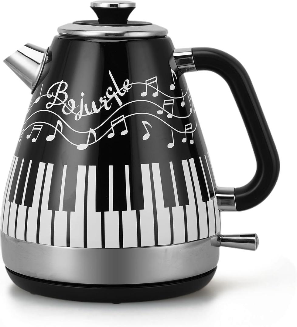 Electric Kettle with Piano & Musical Notes Design, 1.7L Stainless Steel Interior, 1200W Fast Water Boiler for Tea & Coffee, Cordless with Auto Shut-Off, Unique Musician Gift & Kitchen Decor