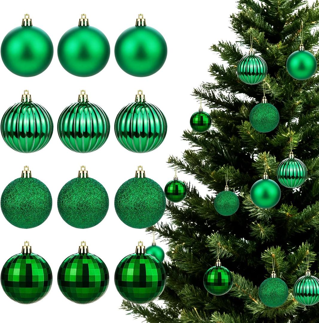 Christmas Balls 2.36 Inch Green Christmas Ornaments Balls Xmas Tree Decoration12PCS Plastic Christmas Ornaments Hanging Ball Decorations Set for Xmas Tree Home Holiday Party Decor