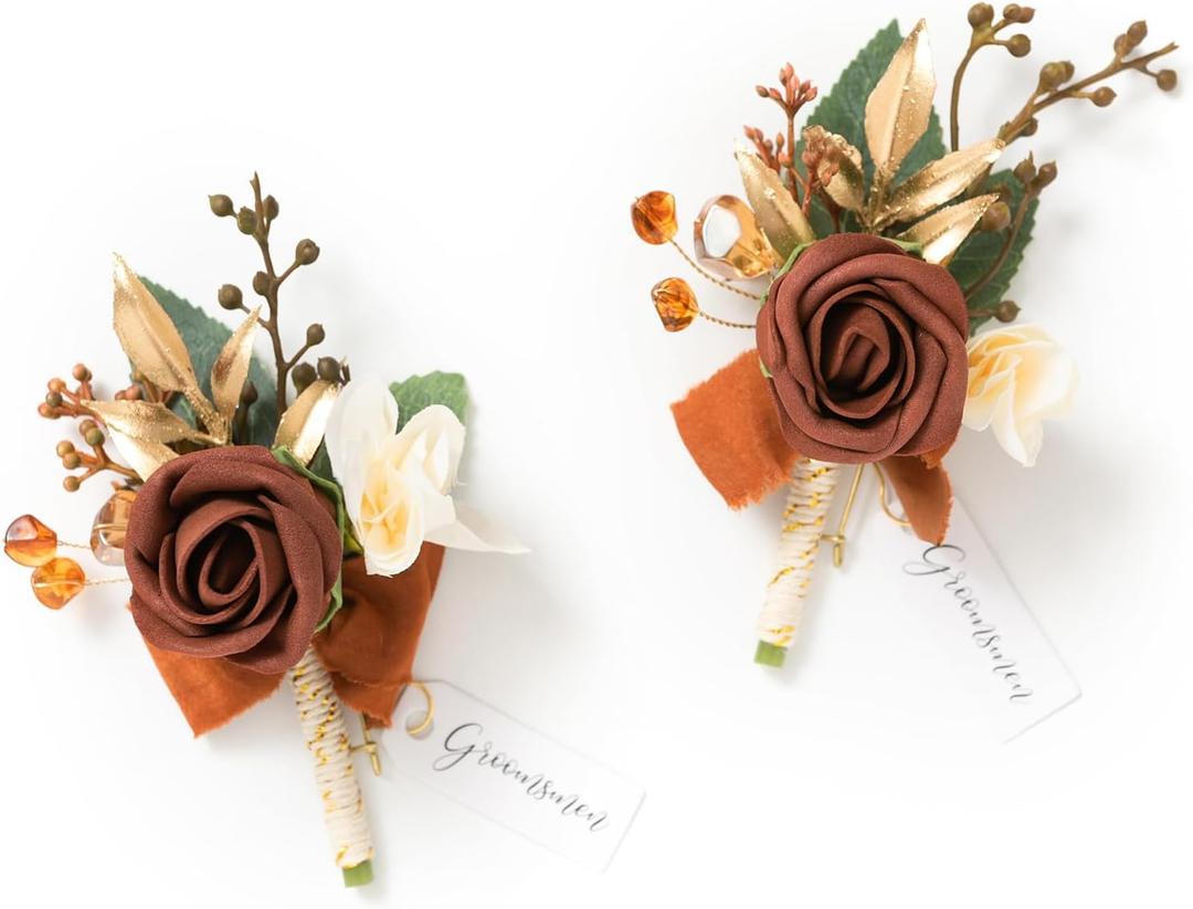Ling's moment Boutonniere for Men, 2pcs Groom Groomsmen Guest Boutonniere, Artificial Flowers for Wedding/Prom/Homecoming, etc.Fall Orange Terracotta