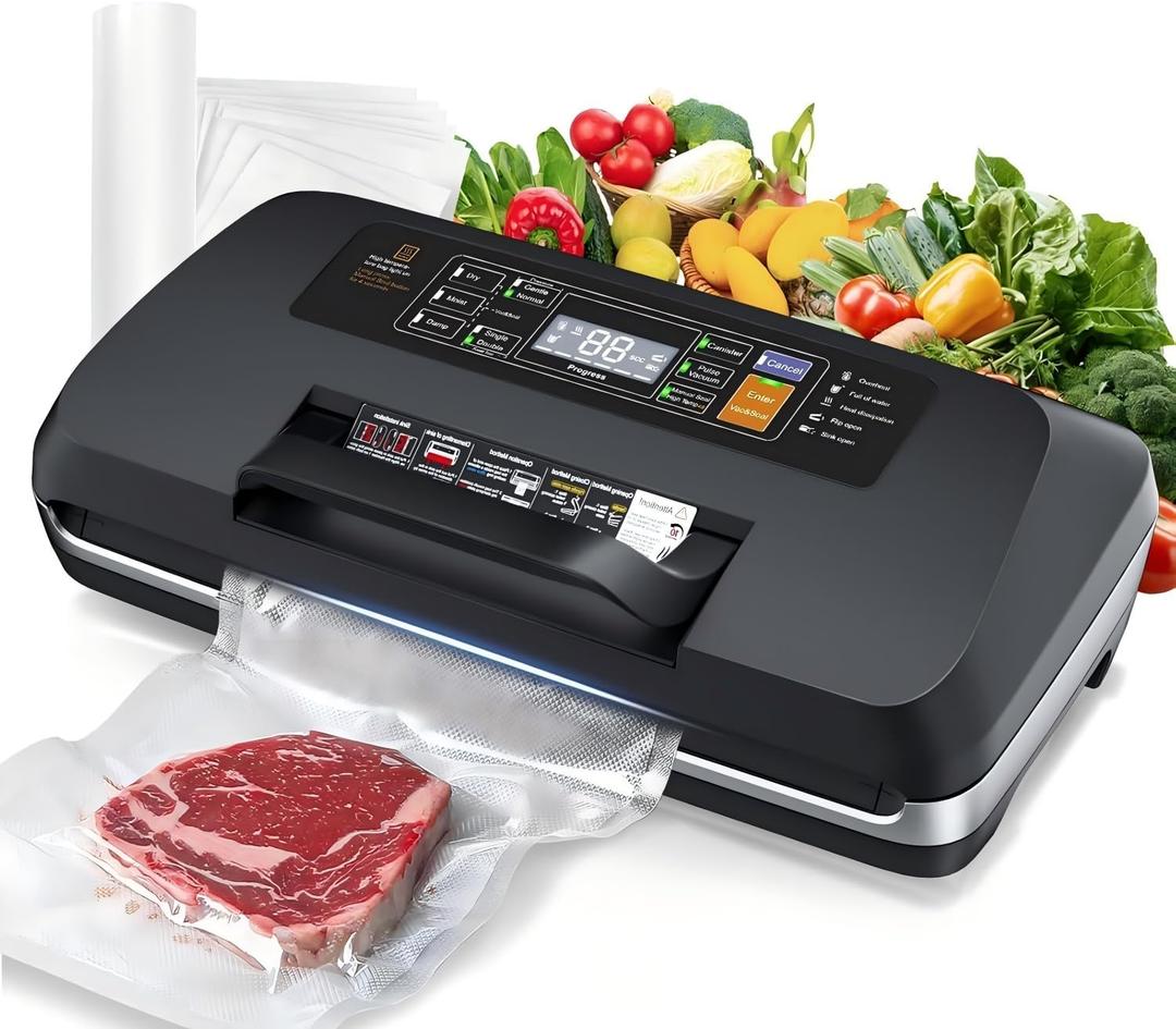 95kpa Vacuum Sealer Machine, Updated 2025 Commercial Fully Automatic Food Sealer, 10-in-1Functions & Powerful Sealing System with Double Heat Seal, Easy-Lock Handle, Built-inCutter and Bag Storage (Black)
