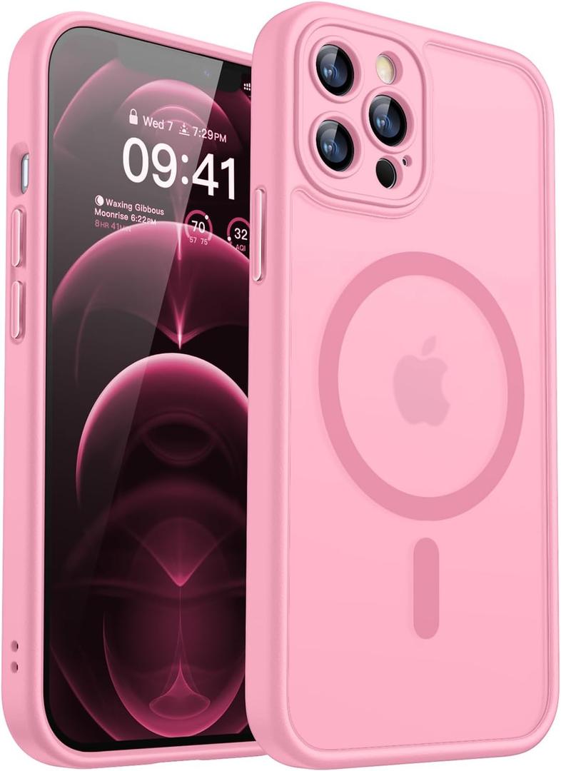 CANSHN Magnetic Compatible with iPhone 12 Pro Max Case, Upgraded [Full Camera Protection] [Compatible with Magsafe] [Translucent Matte] Shockproof Protective Phone Cover 6.7 Inch - Pink