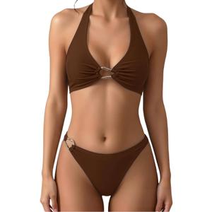 SOLY HUX Women's Halter Bikini Set V Neck Ring Linked Bathing Suit Summer Beach Two Piece Swimsuit XS