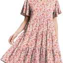 HeJoy Womens Casual Tiered Swing Midi Dress Ruffle Sleeve V Neck A Line Petite Summer Dresses with Pockets, Flower-rose-red-01 L