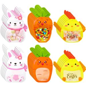 Resurhang 60 Pcs Easter Treat Bags Candy Zipper Cute Bunny Carrot Chick Food Goodie Gifts Bags Resealable Easter Rabbit Snack Containers with Handle for Some Bunny Is One Baby Shower Party Supplies