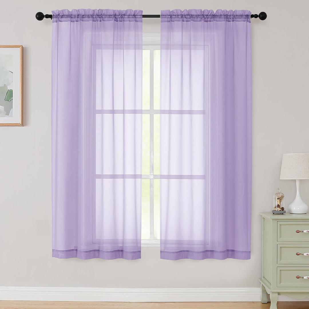 Sheer Lavender Curtains for Bedroom Living Room 63 Inch Length 2 Panels, Airy Soft Light Filtering Sheer Dining Room Curtains, Modern Rod Pocket Drapes, Lavender, Each 42" Wx63 L Inches