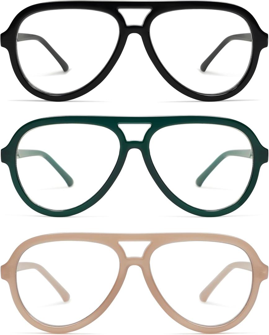 AMOMOMA 3 Pack Retro Oversized Aviator Reading Glasses for Women Men,Classic Large Reader Blue Light Computer Frame AM6111 (C1.black+c3.milky Green+c4.milky Brown)