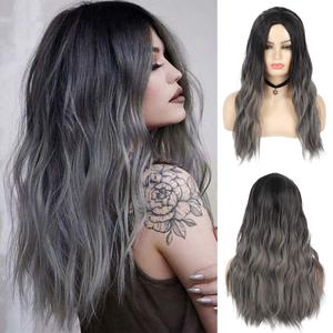 Sallcks Womens Ombre Grey Wig Long Curly Wavy Black Grey Middle Part Synthetic Halloween Cosplay Costume Wig