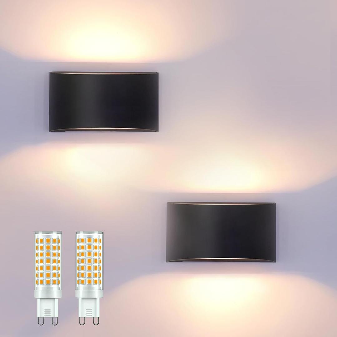 KICAAO Modern LED Wall Sconce,Warm White 3000K,Hardwired Indoor Outdoor Black Wall Lights Set of 2 Up and Down Wall Mount Light for Living Room Bedroom Hallway Corridor Conservatory (with G9 Bulbs)