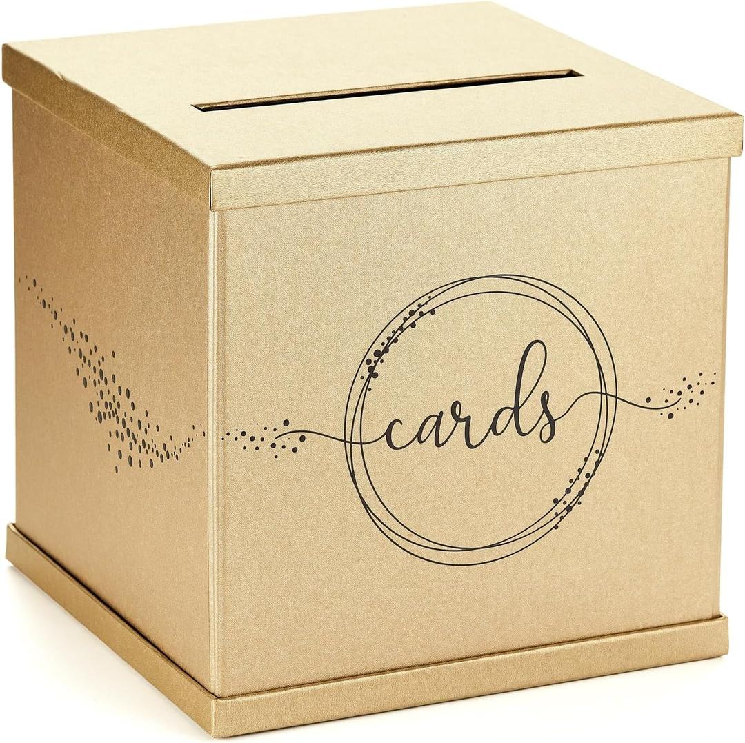 Gold & Black Card Box, Large 10 Card Holder, Envelope Box with Slot, Graduation Party, Wedding Reception, Bridal & Baby Shower, Sweet 16, Funeral, Birthday, Quinceanera, Retirement, Money Basket