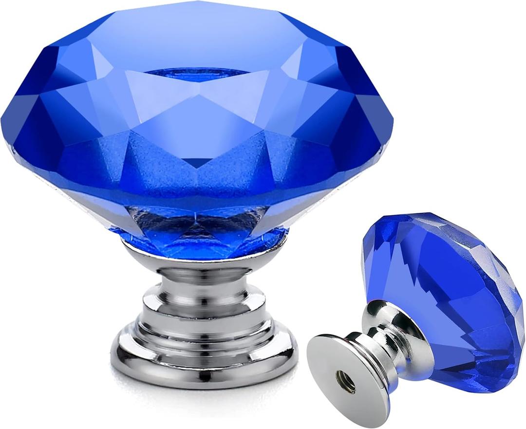 Ravinte 25 Pack Blue Crystal Knobs for Dresser Drawers - 30 mm Glass Cabinet Diamond Shaped Knobs with Silver Base