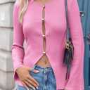 Saodimallsu Womens Ribbed Long Sleeve Sweater Tops Button Up Crewneck Slim Fitted Cardigans Sexy Going Out Knit Shirts (Pink)