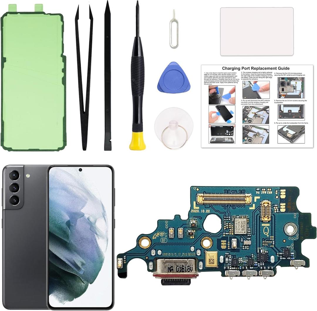 for Galaxy S21 US Version Charging Port Replacement Kit, S21 SM-G991U, SM-G991U1, SM-G991W Dock Board USB-C Connector, with Toolkit & Instruction Manual