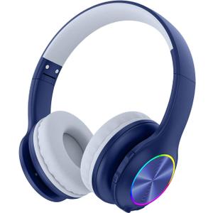 2024 Bluetooth Kids Headphones Fit for Aged 3-21, Colorful LED Lights Comfort Wireless Headphones with Microphone 94dB Volume Limited for School/iPad/PC/TV/Cellphones, Wired & TF Card Mode, Navy Blue