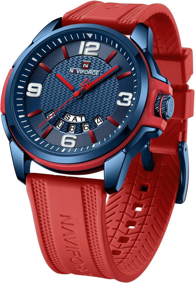 NAVIFORCE Waterproof Watch for Men Women, Analog Auto Date Military Sports Unisex Wristwatch,Silicone Strap (Red+Blue)