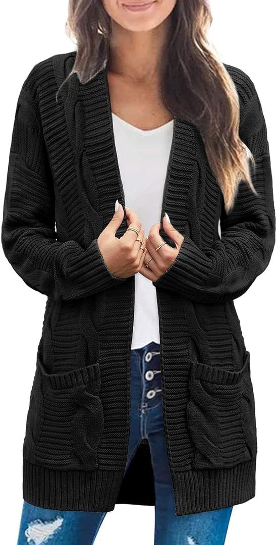 MEROKEETY Women's 2026 Long Sleeve Cable Knit Cardigan Sweaters Open Front Fall Outerwear Coat Pockets (Medium, Black)