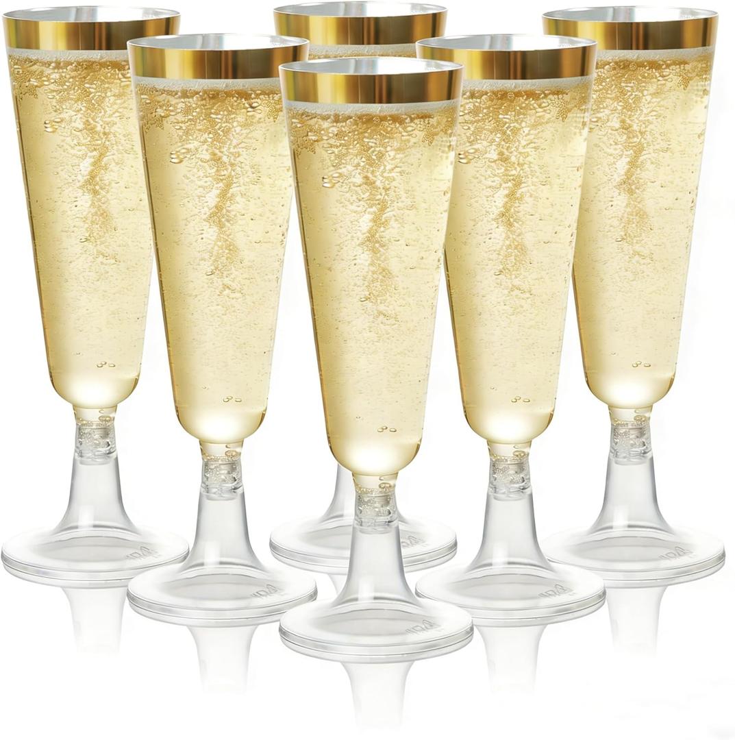 100 PCS Plastic Champagne Flutes with Gold Rim 5.5OZ Clear Plastic Champagne Glasses Mimosa Glasses Cocktail Cups for Party Wedding Celebration Supplies