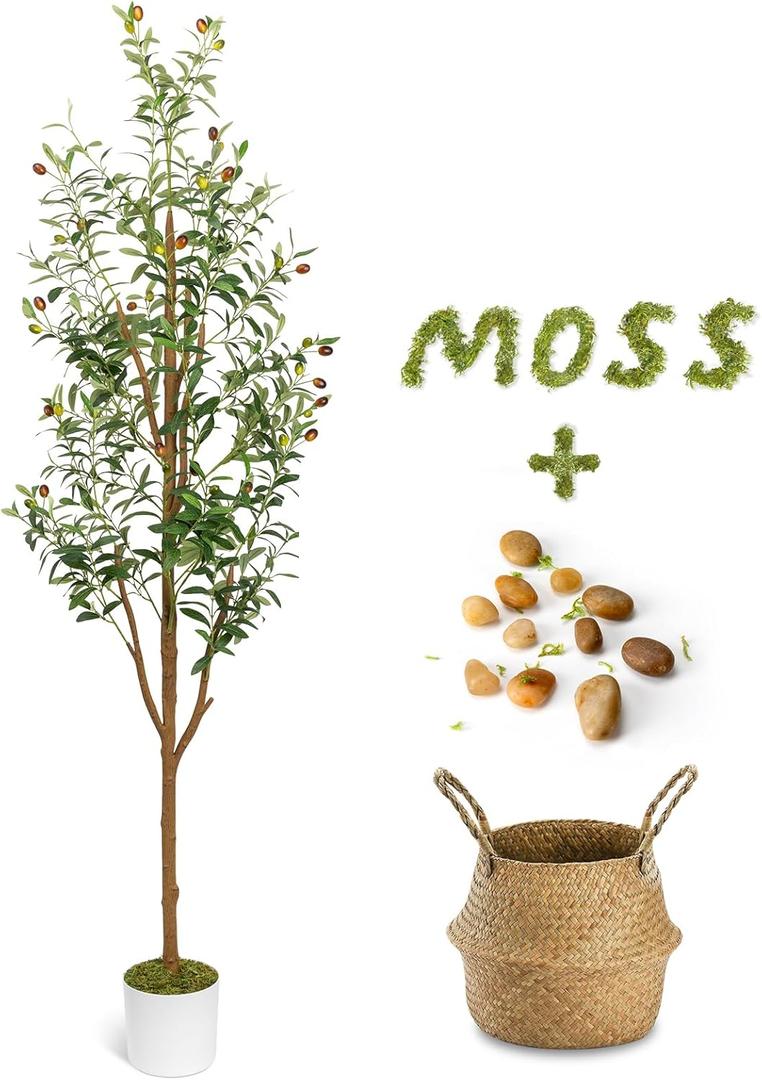 6FT Artificial Olive Tree - Indoor Tall Faux Olive Trees with Planter&Basket, Large Fake Olive Silk Tree Realistic Olive Plants with Branches and Fruits for Home Decor Office Living Room