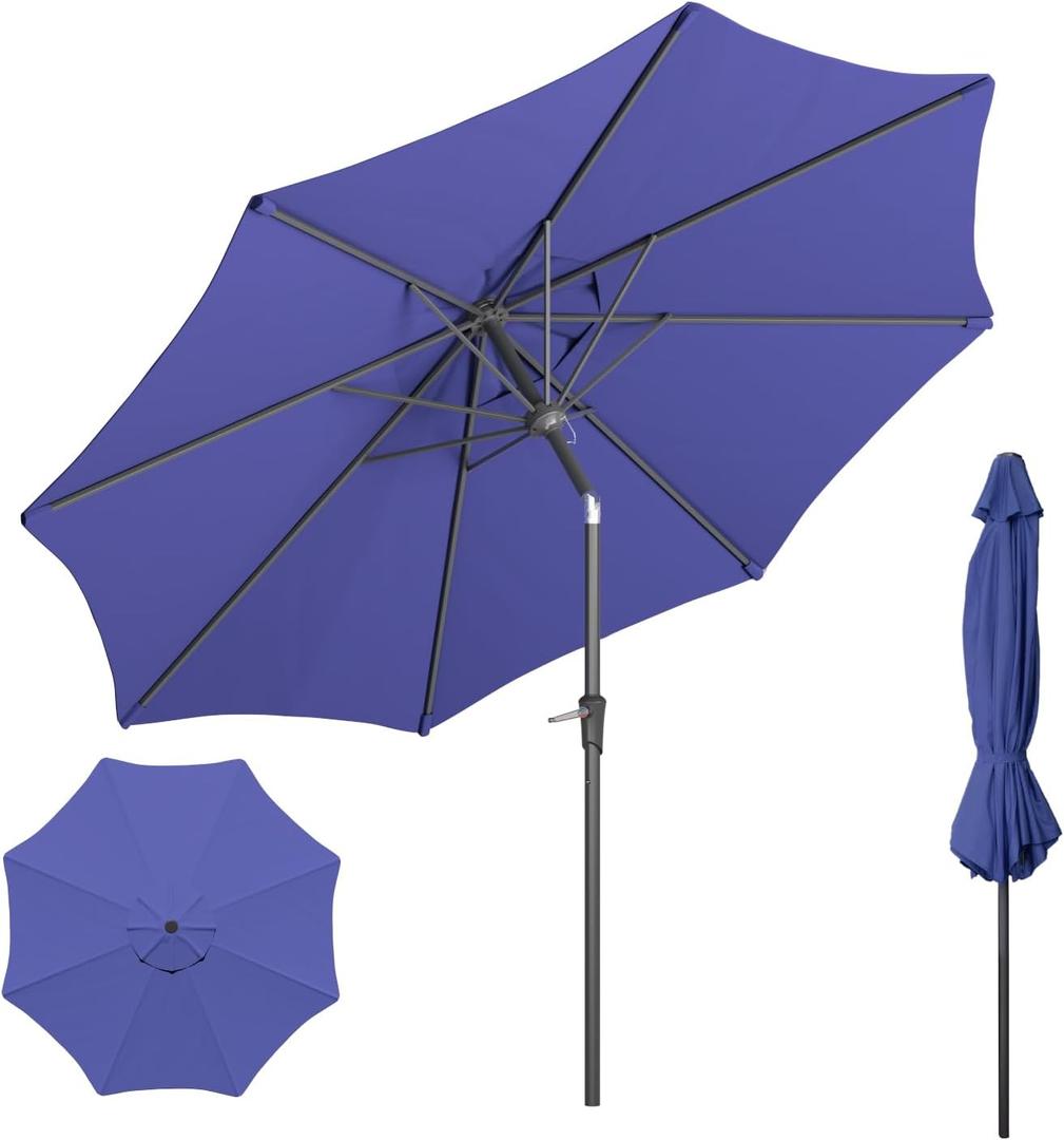 Beanss Outdoor Patio Umbrella, Table Umbrella with Push Button Tilt and Crank, 8 Ribs Market Umbrella (9FT, Blue)