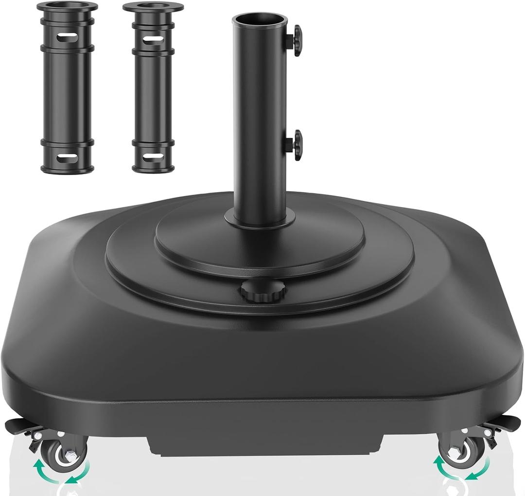 QZER Umbrella Base with 5 Wheels, Upgraded 145lb Umbrella Stand Base, Heavy Duty & Windproof, Fillable Umbrella Base Mobile Umbrella Outdoor for Patio, Deck, Poolside, Lawn, Fits Most Sized Umbrellas, Extra Large