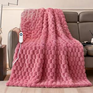 Electric Heated Blanket Throw 50" x 60" Soft Ribbed Faux Fur Flannel Fast Heating 12 Heat Levels 112H Timer & Overheat Protection & Auto Shut-Off & ETL FCC & Machine Washable Heated Throw (Pink)