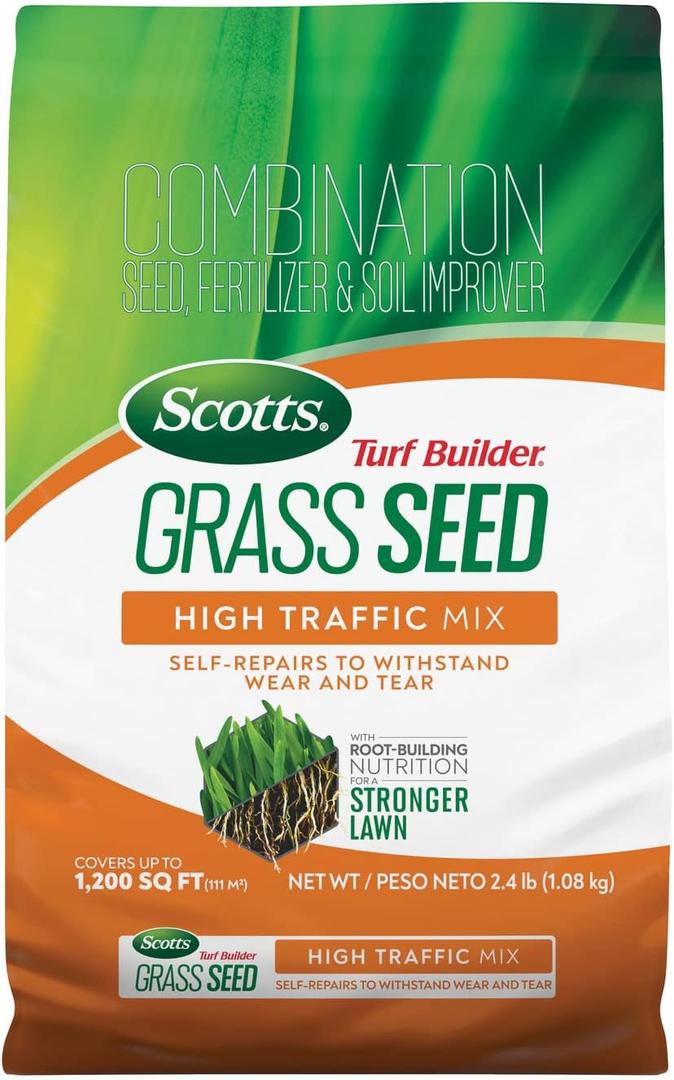 Scotts Turf Builder Grass Seed High Traffic Mix - Grass Seed Plus Lawn Fertilizer and Soil Improver, Self-Repairs, Covers Up To 1,200 sq. ft., 2.4 lb.