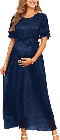 AISWI 2025 Maternity Sparkly Mesh Maxi Flowy Dress with Belt Ruffle Sleeves Pregnant Long Dress Baby Shower Photoshoot Formal, Navy Blue, Large