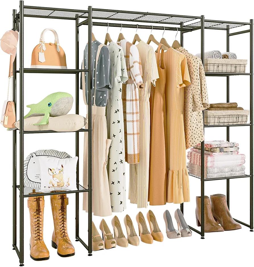 Portable Closet Wardrobe, Metal Clothing Rack with 8 Shelves & 1 Hang Rod, Free Standing Closet Rack for Hanging Clothes Closet Organizers and Storage, 63"x63"x12", Black