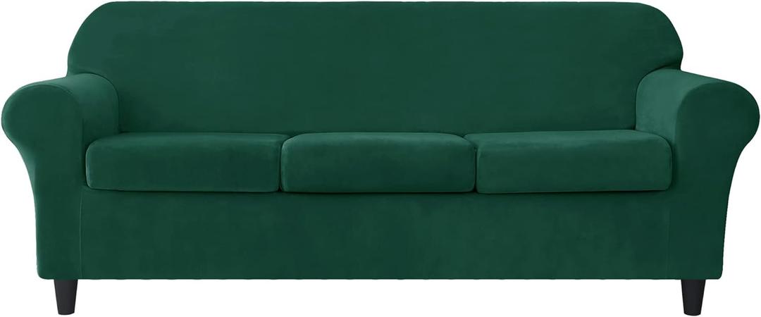 CONRUSER Stretch Sofa Slipcover, Soft Velvet Sofa Covers for 3 Cushion Couch Thick Furniture Protector for Pets & Kids (Green, L)