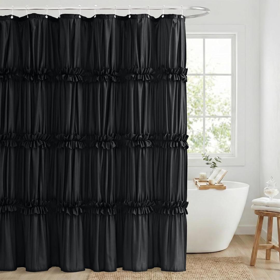 Seasonwood Black Shower Curtain Elegant Ruffle Shower Curtain with Ruched & Bow Vintage Farmhouse Shower Curtains for Bathroom Boho Bathroom Decor(Black,72x72 Inches)