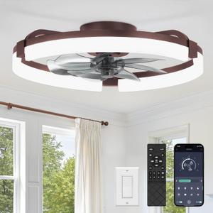 LEDIARY 20" Ceiling Fans with Lights and Remote, Modern Low Profile Ceiling Fan, 3 CCT, Stepless Dimmable, Fandelier Flush Mount Fan Light, 6 Speeds, DC Motor, App & Remote Control for Bedroom(Brown)