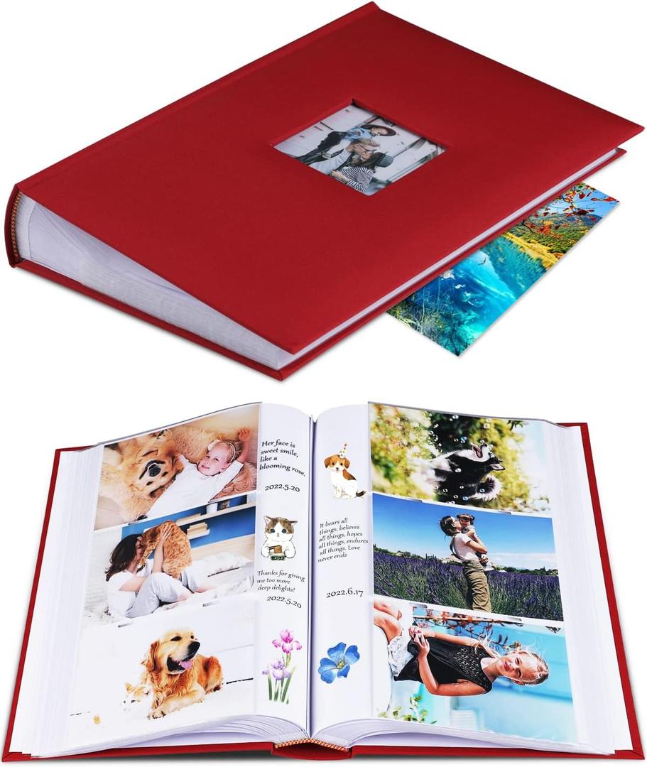 Photo Album 4x6 Hold 402 Photos with Memo Slip-in Pockets Photo Book, Linen Cover Picture Photo Albums with Writing Space for Wedding Family Baby Vacation Mother's Day Red