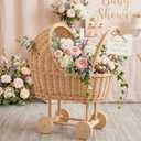Wicker Baby Carriage for Baby Shower Vintage Wicker Stroller Woven Rattan Flower Basket Rustic Decorative Cart Storage with Handle for Floral Arrangement Wedding Photo Props (Wood Color,24 in)