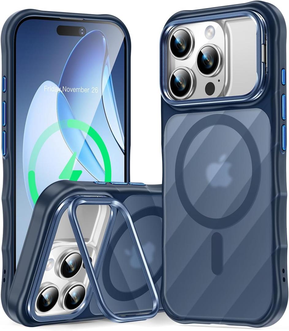 [Camera Ring Stand+Wave Magnetic Back] for iPhone 16 Pro Max Case, [Fit for Magsafe][Non-Slip Edge] Matte Translucent Protective Phone Case Cover Men Women for iPhone 16 Promax 6.9", Blue