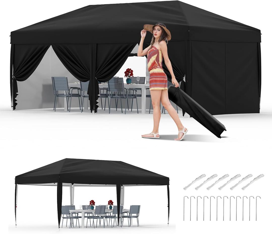 10x20 Pop Up Canopy Tent Outdoor Canopy with 6 Removable Sidewalls One-Person Set Up Heavy Duty Commercial Instant Tent Shelter-Blue (Black)