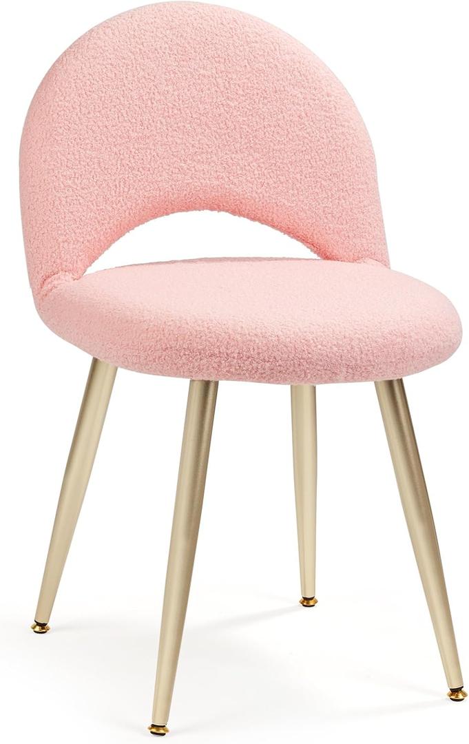 Vanity Chair with Adjustable Backrest, Boucle Upholstery Armless Makeup Stool, Pink Sherpa Vanity Stool with Gold Metal Legs for Bedroom Living Room Kitchen Dinning Room (Gold and Pink), Standard