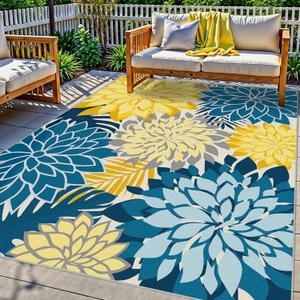 Colorful 9x12 Outdoor Area Rug Washable Multicolored Patio Rug Tropical Botanical Floral Chenille Waterproof Outdoor Carpet Non-Slip for Deck, Backyard, Porch, Ocean Dahlia