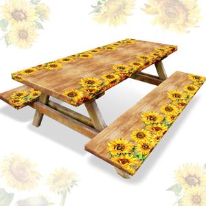 Boao 3 Pcs Vinyl Picnic Table Cover with Bench Cover 6 ft 30 x 72 Inch Waterproof Fitted Tablecloth Flannel Backing Rectangular Elastic Edged for Camping Outdoor Patio Travel(Retro Sunflower)