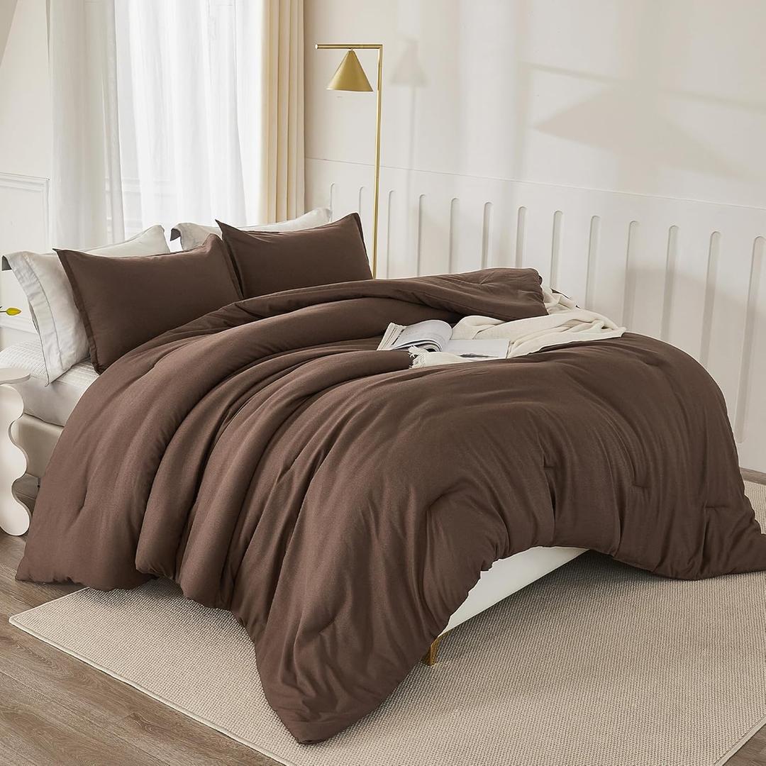 Litanika Brown Comforter Set King Size, 3 Pieces Lightweight Solid Bedding Comforter Set, All Season Fluffy Bed Set (104x90In Comforter & 2 Pillowcases) (King (104"x90"), 20 - Brown)