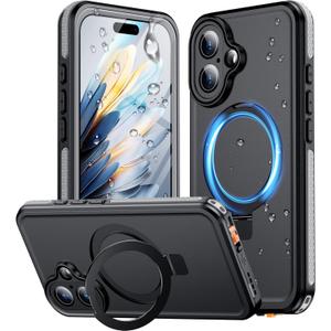 Temdan Magnetic for iPhone 16 Case Waterproof, [Built-in Ring Invisible Stand & Screen Protector][IP68 Underwater][Dropproof][Dustproof][Real 360] Shockproof Protective Phone Case 6.1''-Grey