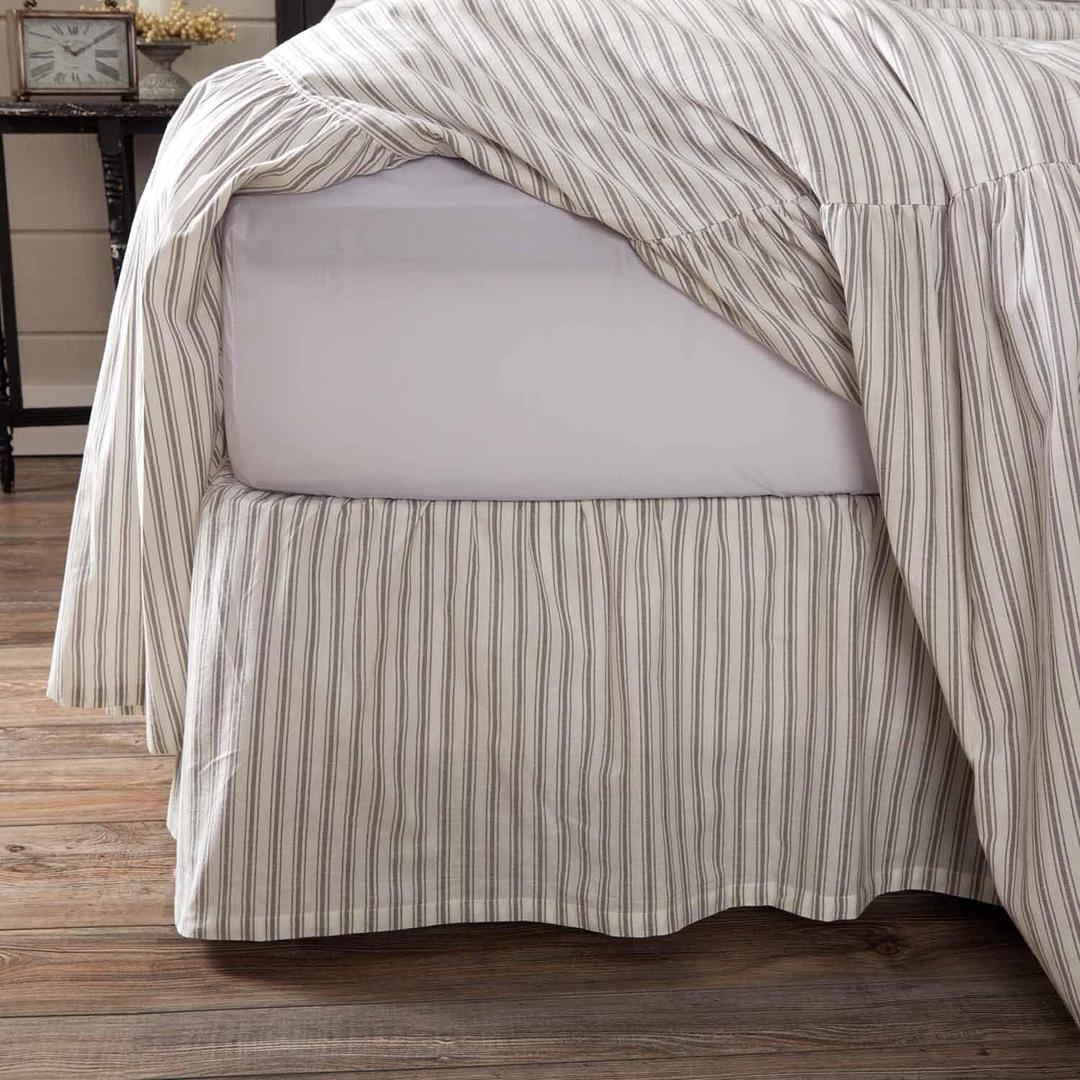 Timeless Ticking Ruffled Twin Bed Skirt, 16" Drop, Soft White and Gray Ticking Stripes, Vintage Farmhouse Style Dust Ruffle