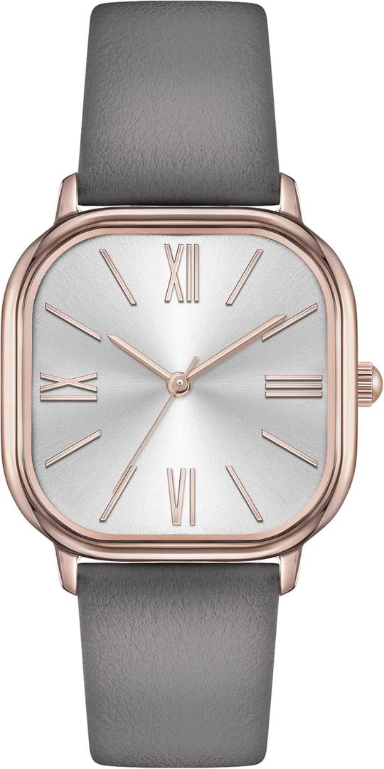 Bisley Women Square Watch Leather Strap Easy to Read Waterproof Watch (Grey/Rose Gold)