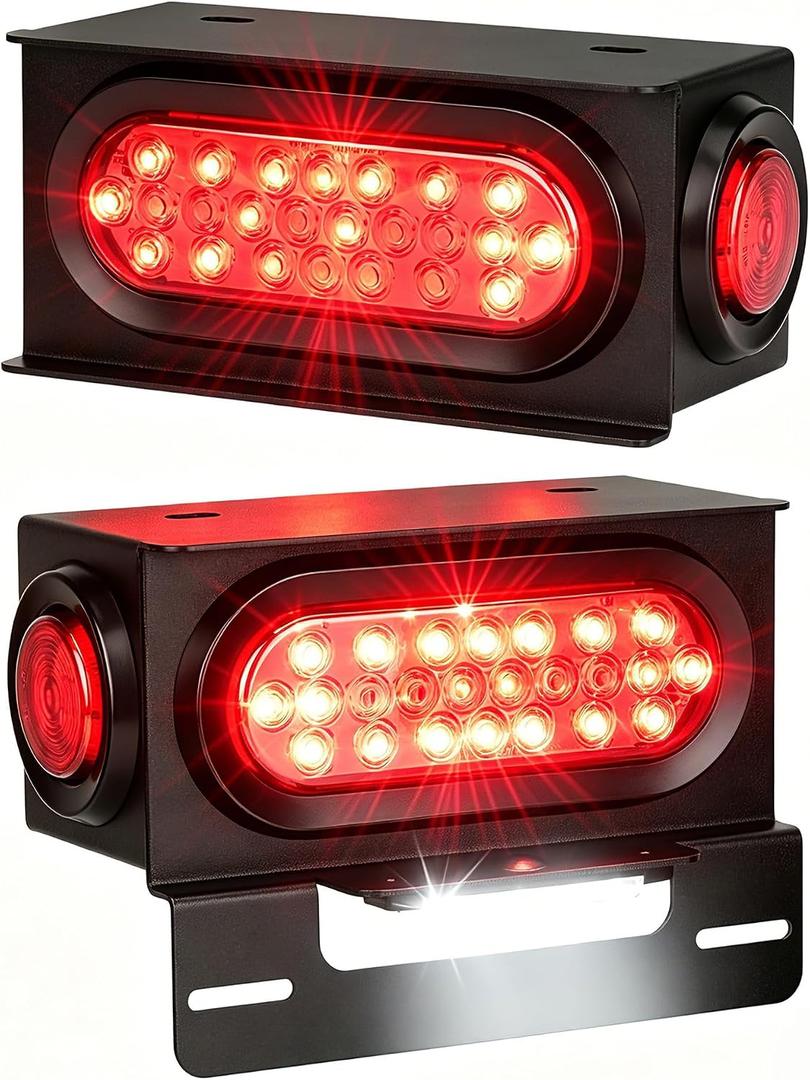 Steel Trailer Light Boxes Housing Kit, 6" Oval Red 24-LED Boat Trailer Lights Kit with Brake, Turning Signal, Reverse Lighting with 6 LED License Plate Light, 2" Round Red Side Marker Lights