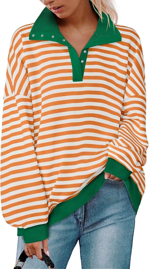 ZESICA Sweatshirts for Womens Long Sleeve Lapel V Neck Striped Oversized Tops (Medium, Orange)