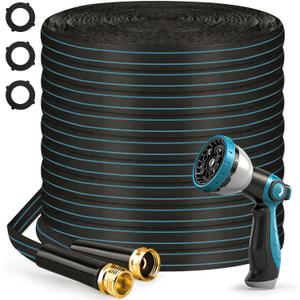 Halfjuly Garden Hose 100FT, Flat Non-Expandable Lightweight Water Hose, Durable Flexible Heavy Duty No Kink Design with 3/4" Fittings, 10 Way Spray Nozzle for Outdoor Yard Lawn