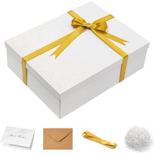 Mefleet 17x13x5 Inches Large Gift Box with Lid for Presents 1 Pack Big Deep White Gift Boxes for Christmas, Birthday, Valentine's Day,Mother's Day Presents - Contains Crinkle Paper,Ribbon and Card