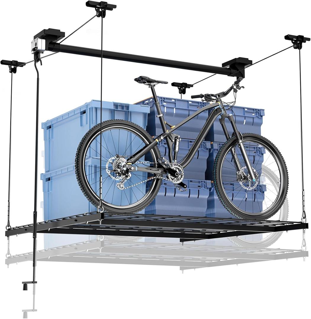 GADFISH Garage Ceiling Lift Storage Rack, Easy Lifting 85" Height Overhead Garage Storage Rack for Space Saving with Safety Lock, Suitable for 16"/24" Ceiling, 350LBS Capacity