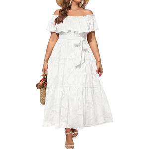 Plus Size Chiffon Off The Shoulder Maxi Long Floral Summer Casual Beach Boho Sundress Women 2024 (White) Plus Size Chiffon Off The Shoulder Maxi Long Floral Summer Casual Beach Boho Sundress Women 2024 (White)