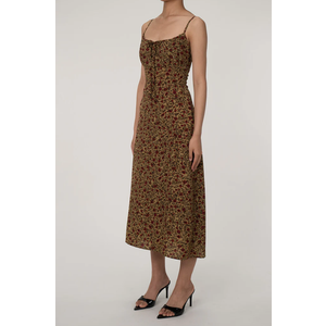 FRENCH STYLE TIE NECK GATHERED SMOCKED FLORAL PRINT SLIP MIDI SUNDRESS